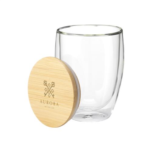 Dubbelwandig drinkglas met bamboe deksel 350ml - Yana Gifts