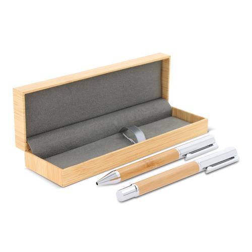 Set metalen balpen en rollerbal pen bamboe - Yana Gifts
